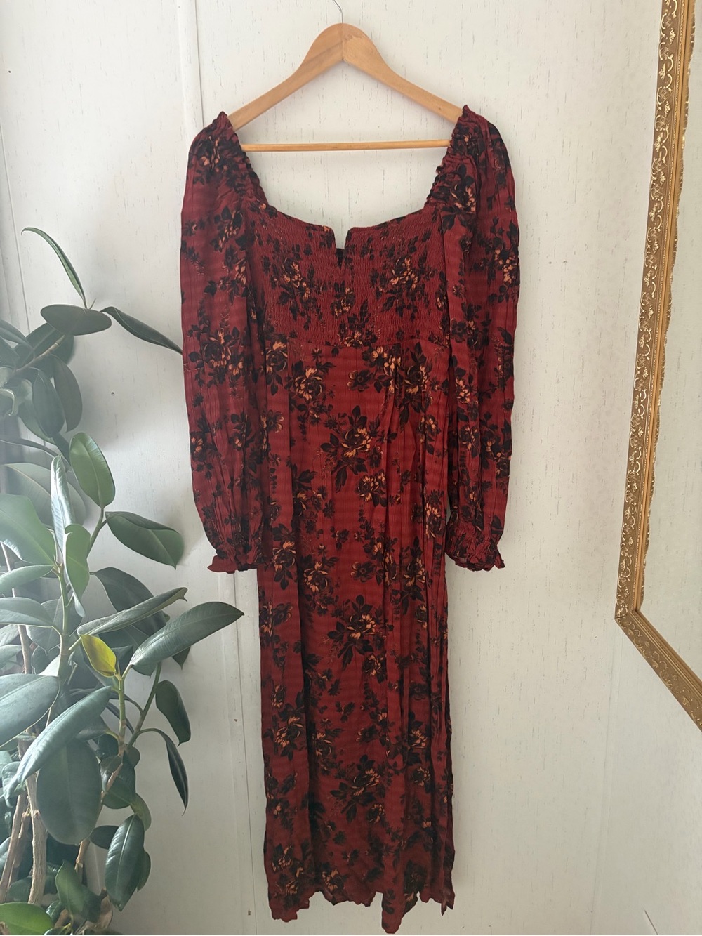 Free People Bohemian Floral Smocked Midi Dress - Burgundy